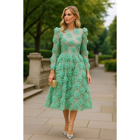 HELSI Lisa 3d Floral Long Sleeve Cocktail Dress Sage Wedding Guest Size  XS NWOT - Picture 1 of 5